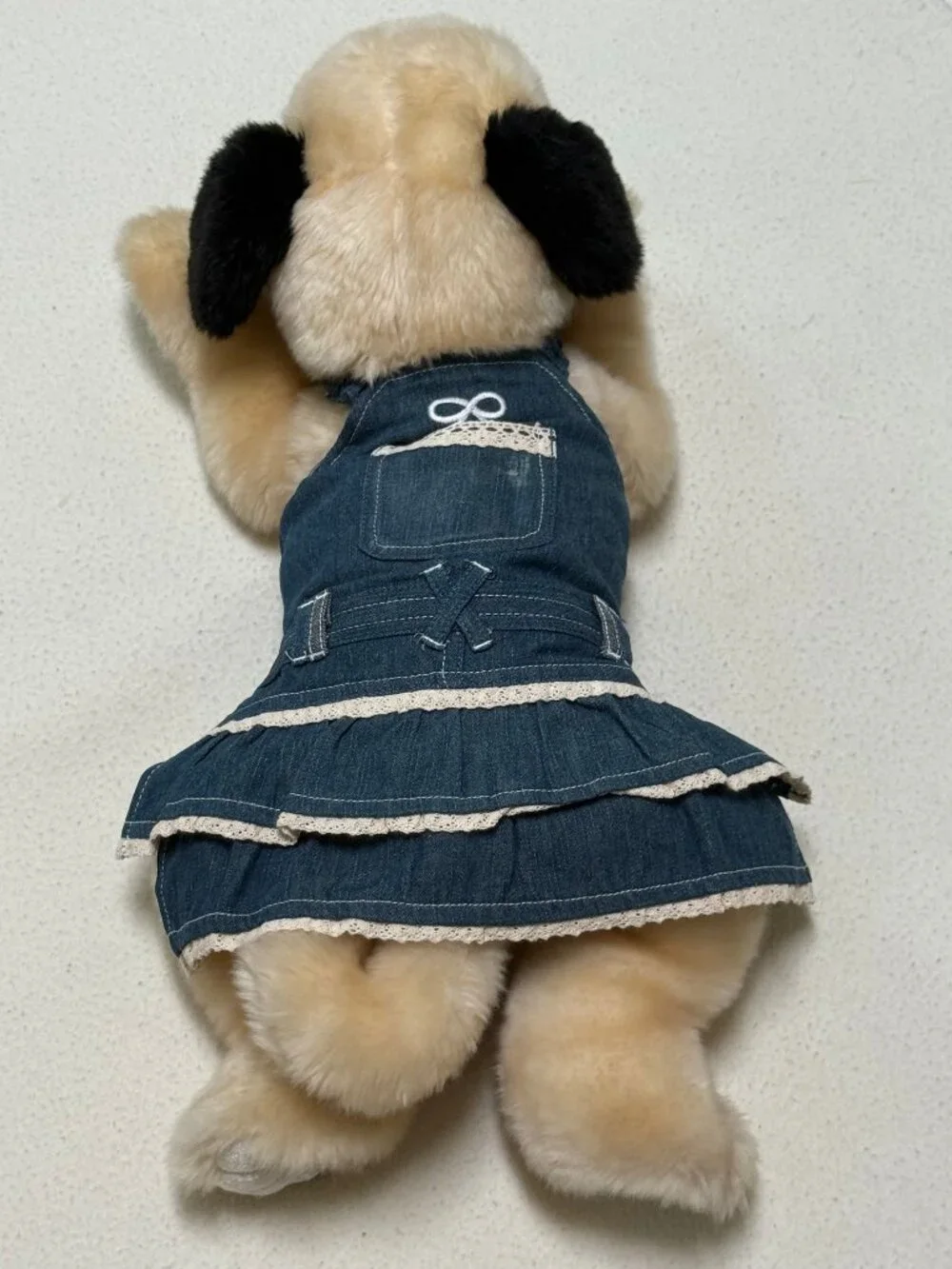 Cute Denim 2 Tier Ruffle w/ Lace Skirt Dog Dress w/ Pocket - Small / Medium